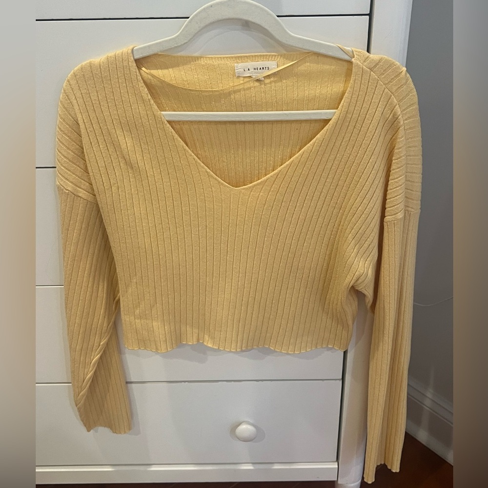 LA Hearts Yellow Ribbed V-Neck Sweater Top